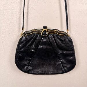 Judith Leiber Vintage Gold Lizard Black Embossed Clutch Handbag